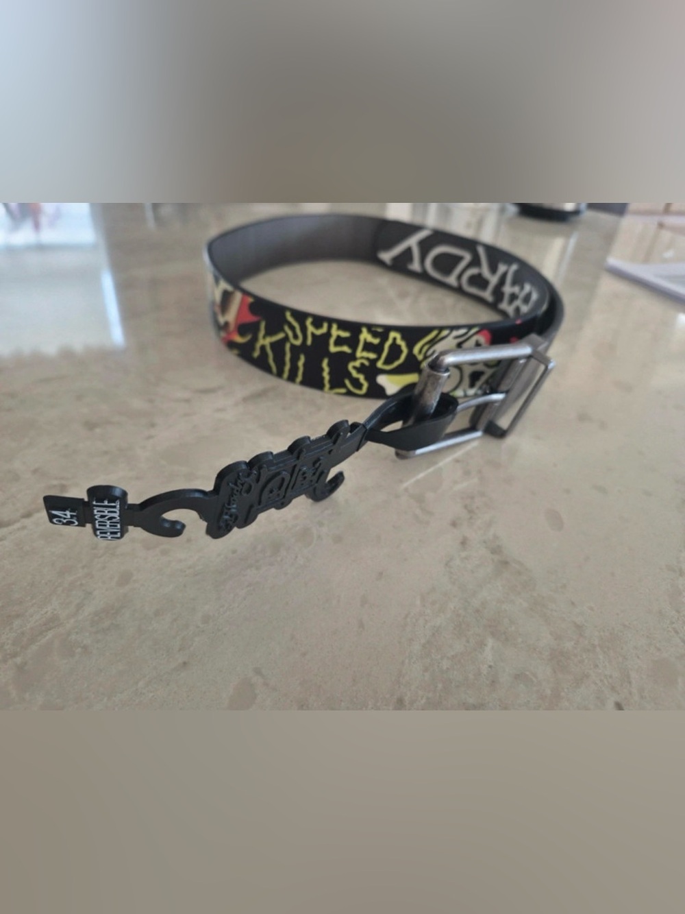 Ed Hardy Reversible Belt Size 34 Black Leather Speed Kills Tattoo Graphic Y2K